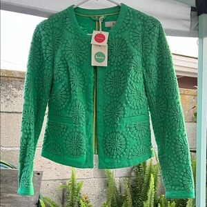 Boden Green Floral Appliqué Open-Front Jacket
